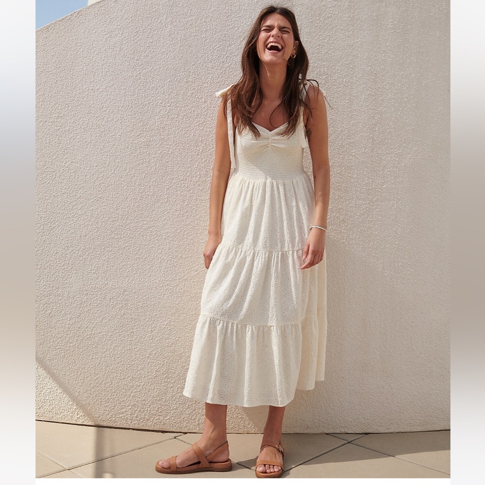 NWT Madewell Eyelet Lucie Tie Strap Tiered Midi Dress Sz M NF876